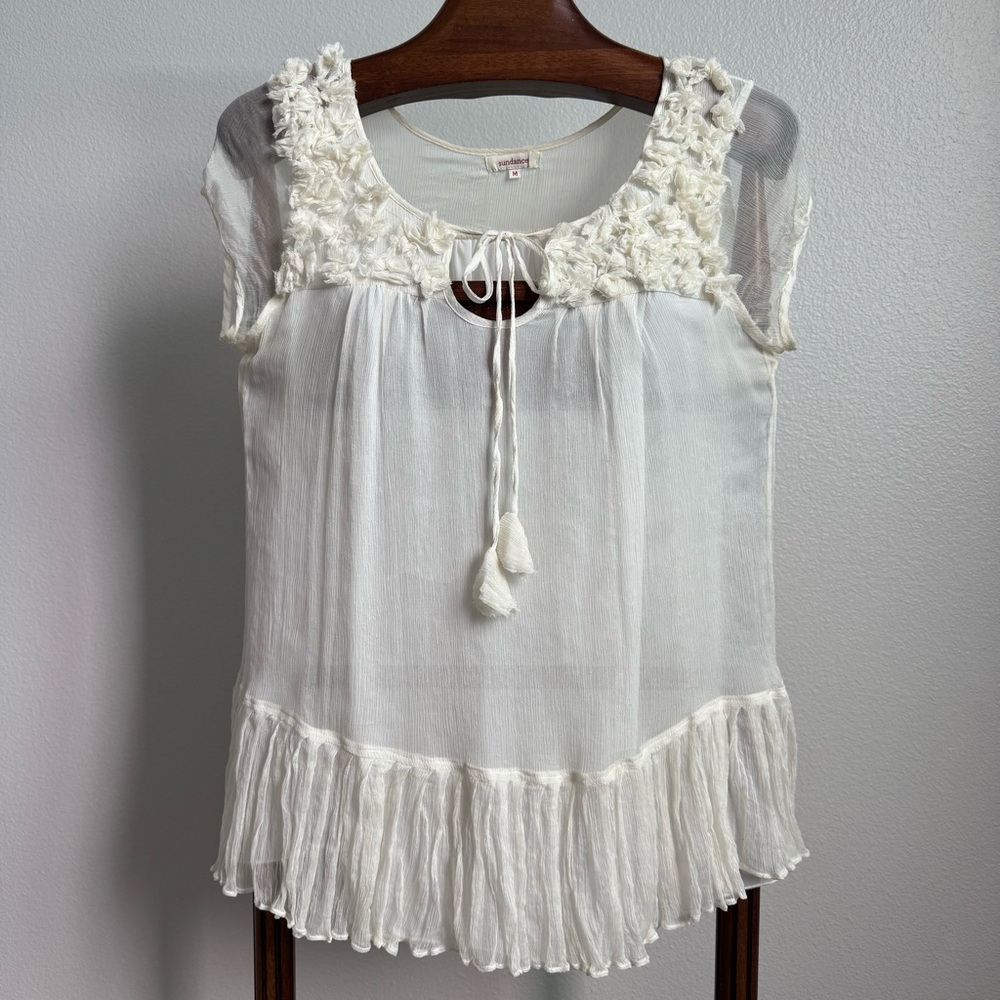 Sundance 100% Silk Blouse Ivory Textured Floral Trim Boho Romantic Top Medium